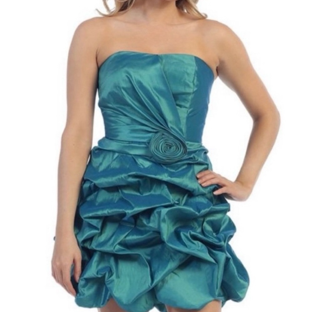 May Queen Strapless Teal Dress with Rosette